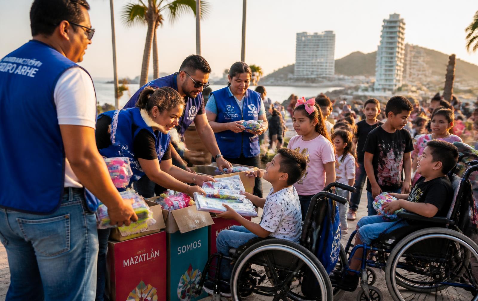 Voluntarios del Club Rotario Mazatlán Oriente entregando apoyos a niñas y niños